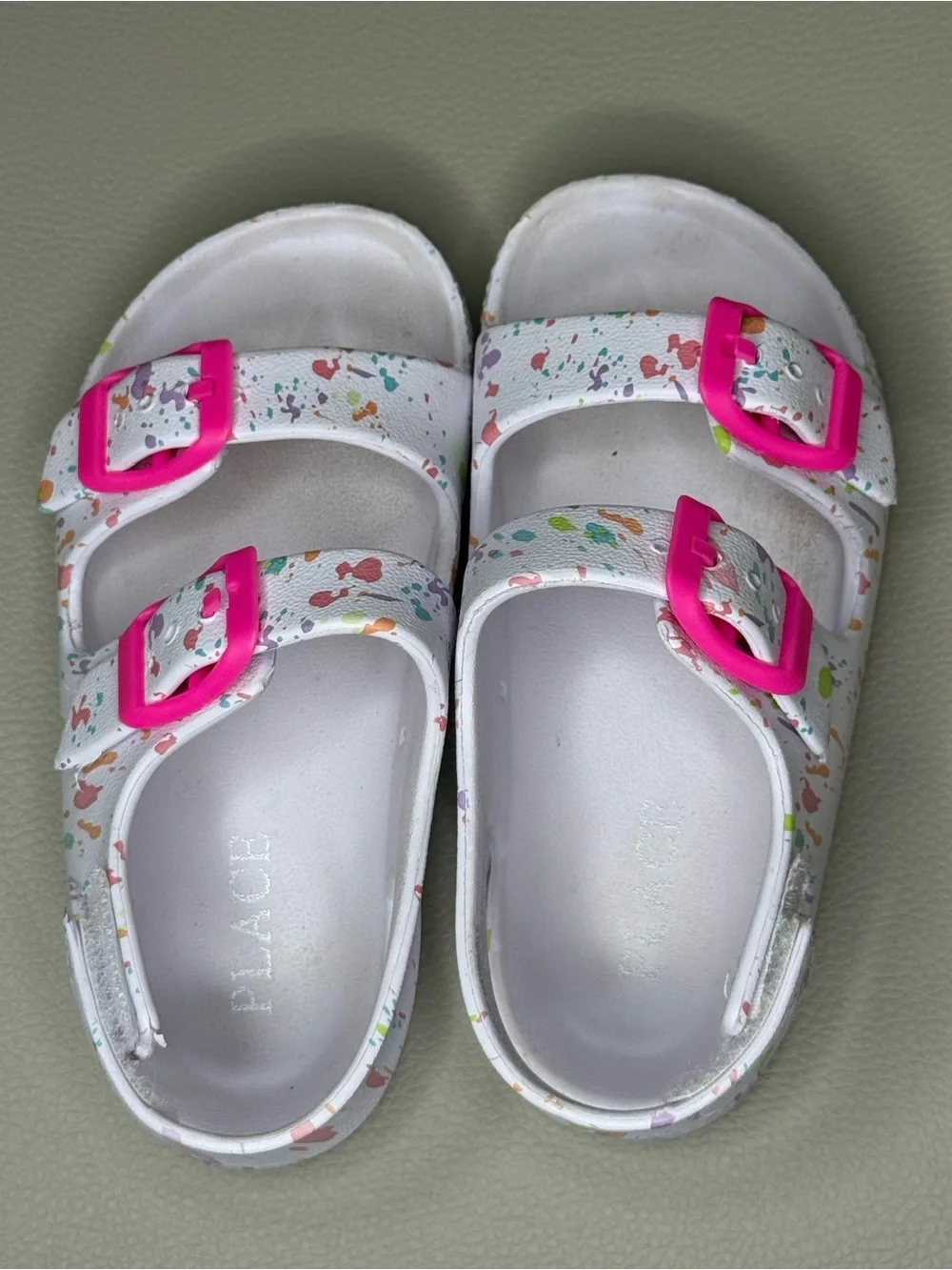 The Children's Place White Sandals with Pink Buckles and Multicolor Speckles